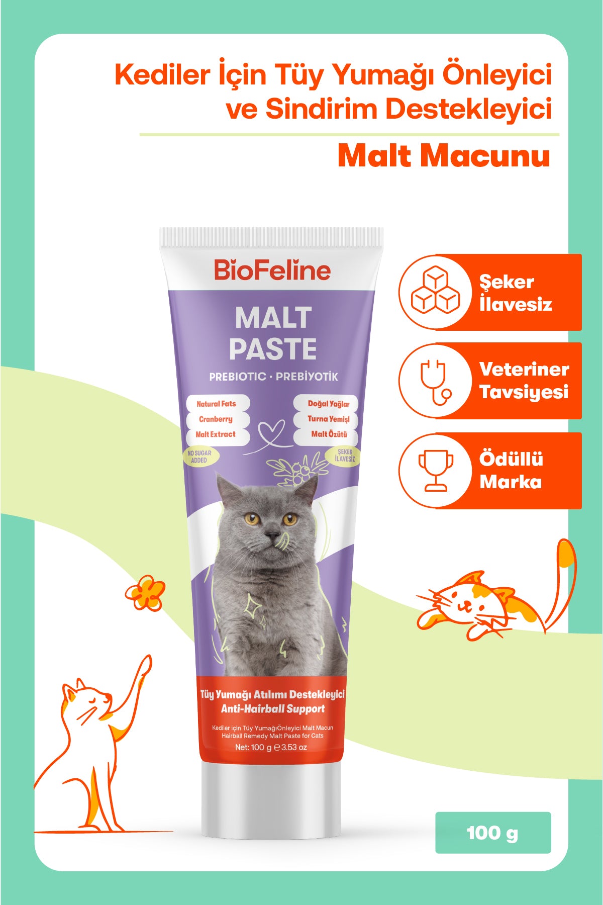 Kedi Macun Seti | Multivitamin + Tüy Yumağı Önleyici Malt Macunu | 2x100g