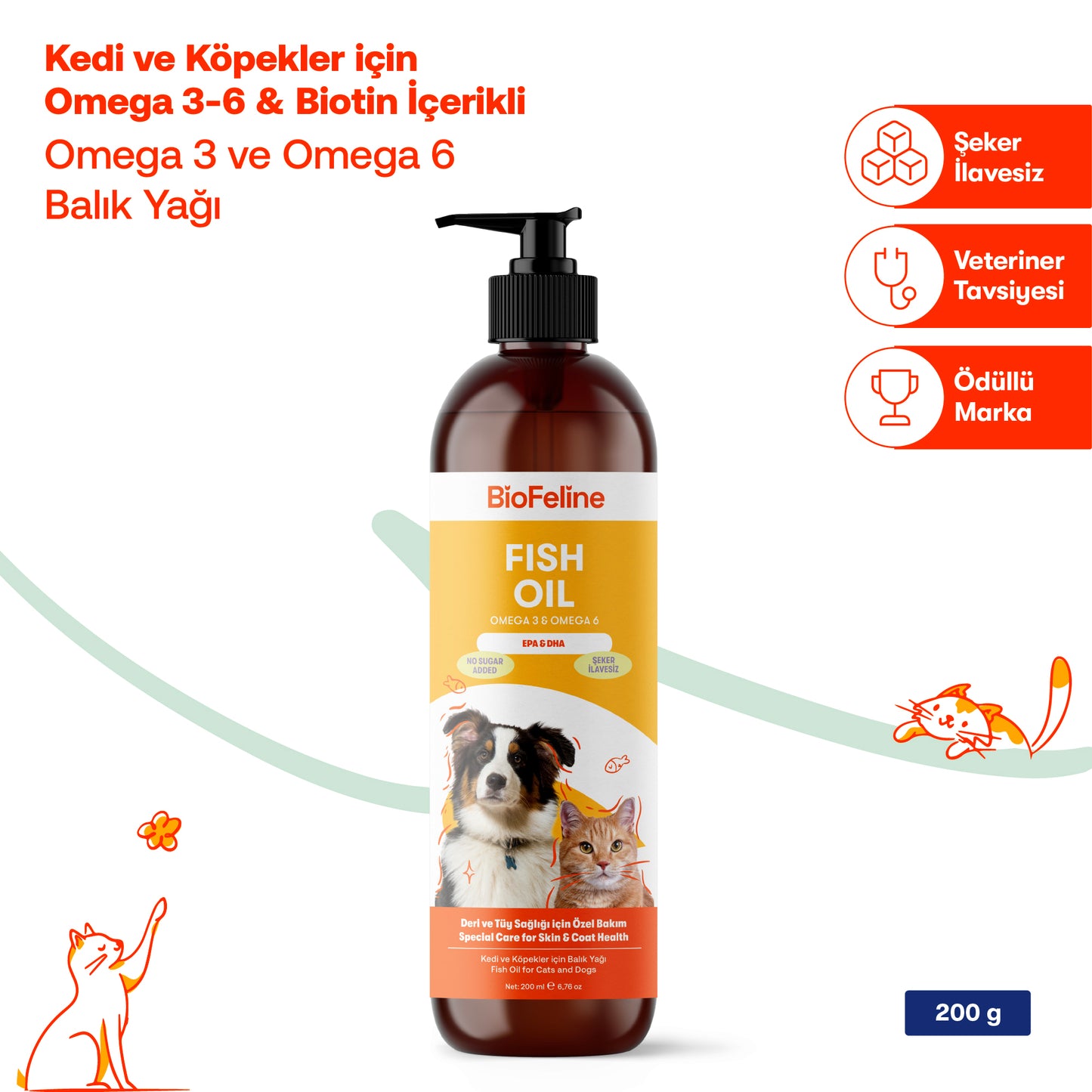 Kedi & Köpekler İçin Somon Yağı + Eklem Destek Tableti Seti | Omega 3-6 + Glukozamin | 200ml + 75 Tablet