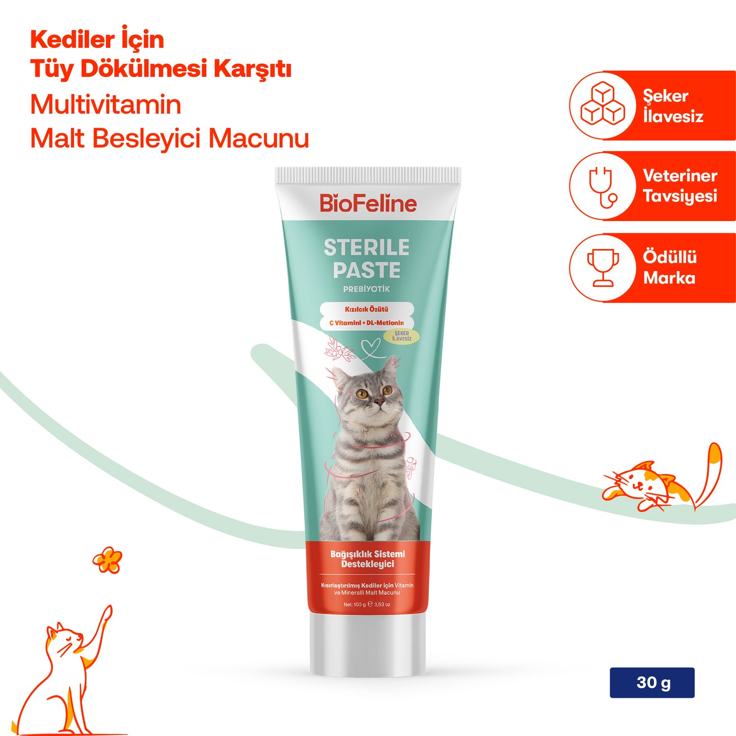 Kısır Kediler İçin Tüy ve Bağışıklık Vitamin Seti | Sterile Macun + Plus B Damla | 100g + 50ml