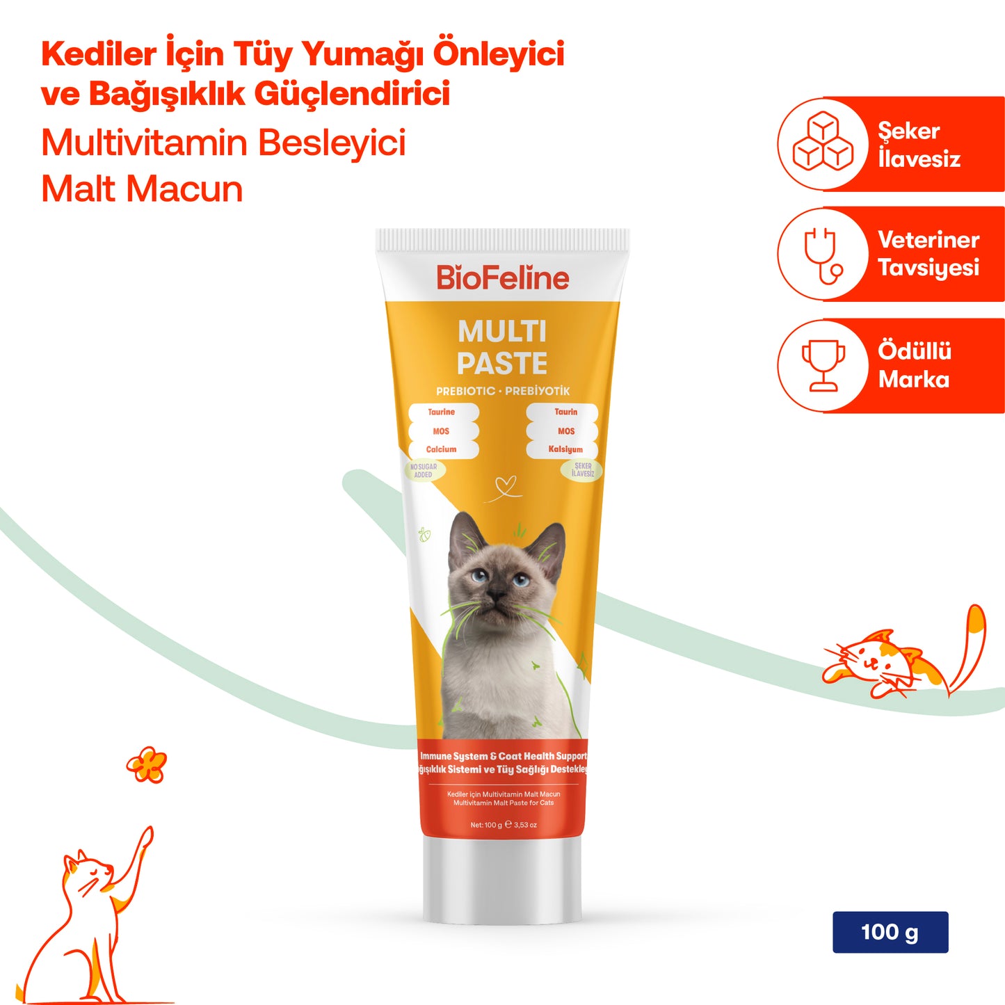 Kediler İçin Multivitamin Macun + Vitamin Damla Seti | Tüy Dökülmesi ve Bağışıklık Desteği | 100g + 50ml