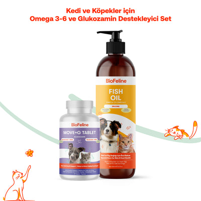 Kedi & Köpekler İçin Somon Yağı + Eklem Destek Tableti Seti | Omega 3-6 + Glukozamin | 200ml + 75 Tablet