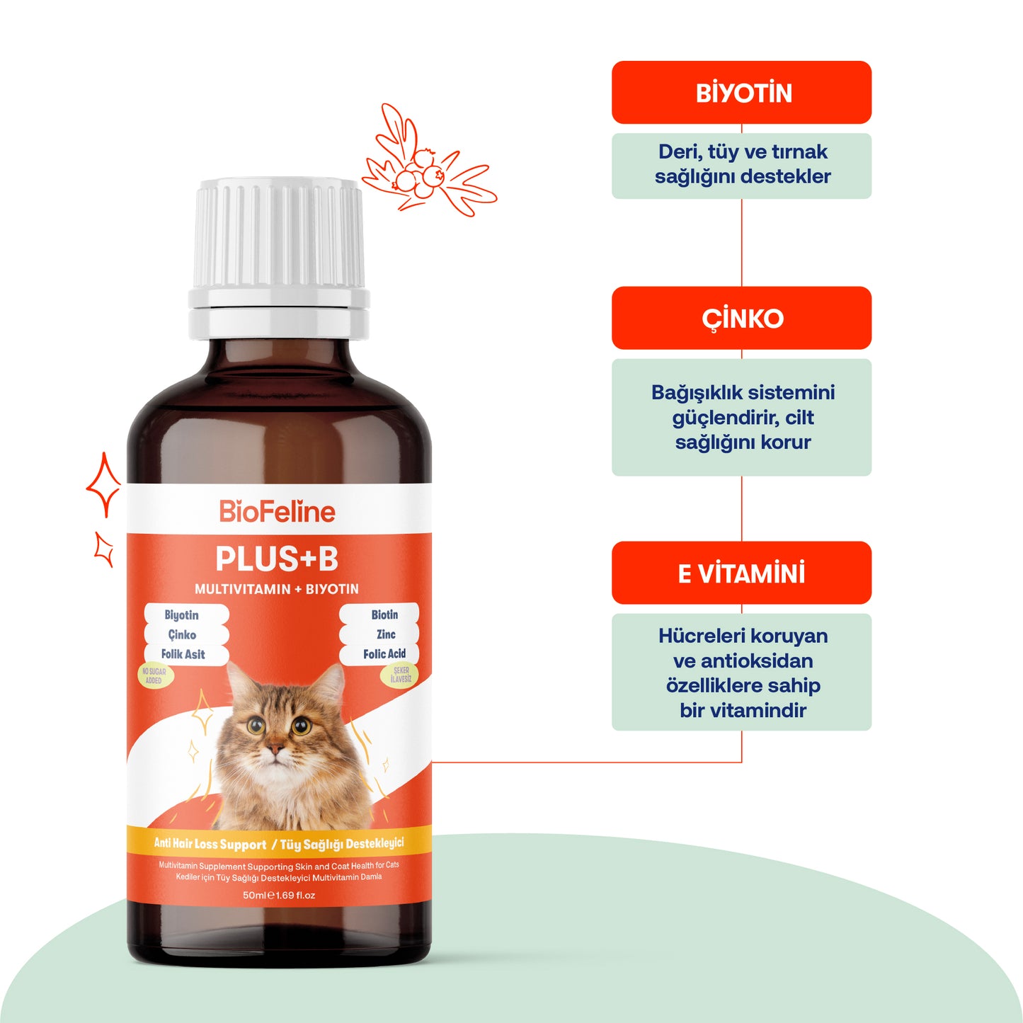 Kedi Tüy Dökülmesini Azaltan Biotinli B Vitamini Damlası – Biofeline Plus B 50ml