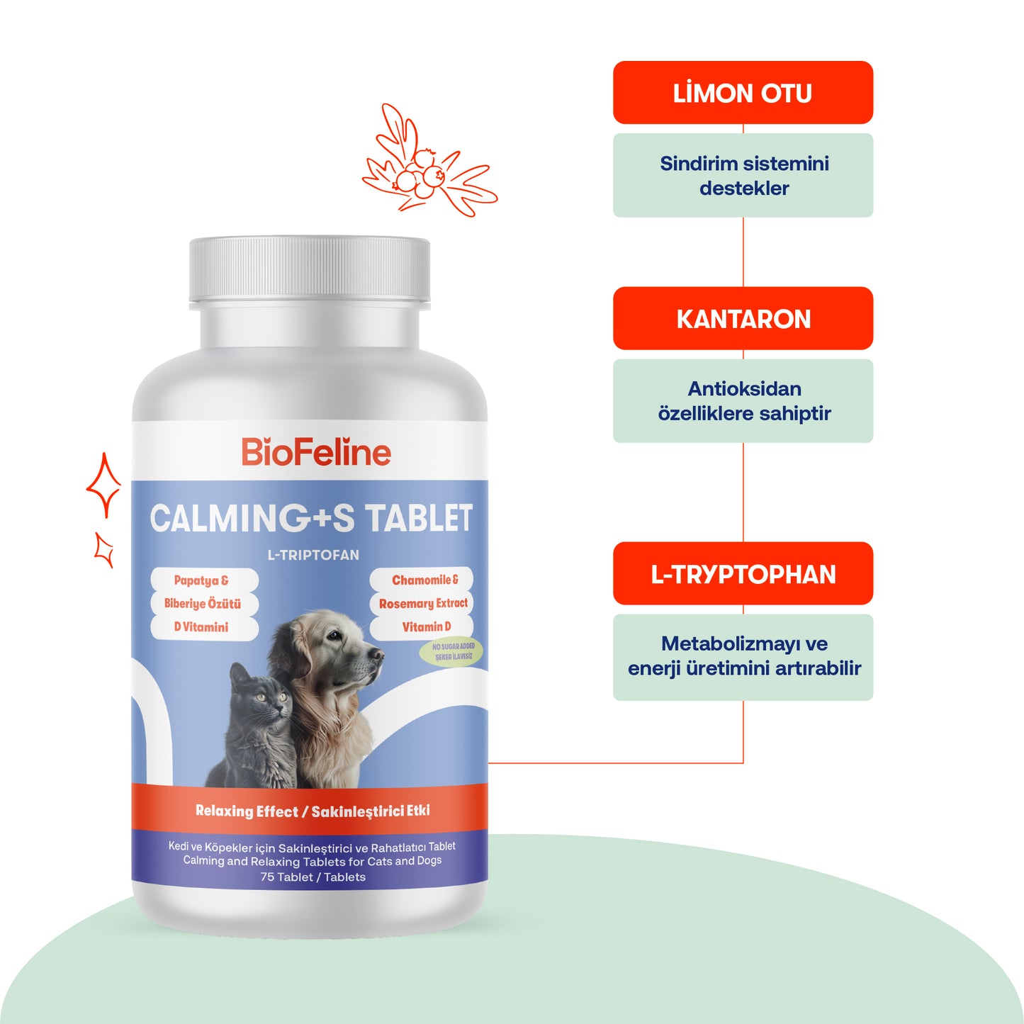 Kedi & Köpekler İçin Bitkisel Sakinleştirici Tablet | Calm+ Anti-Stres Desteği | 75 Tablet