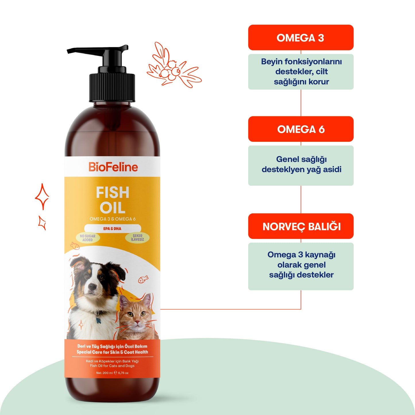 Kedi & Köpekler İçin Somon Yağı + Eklem Destek Tableti Seti | Omega 3-6 + Glukozamin | 200ml + 75 Tablet