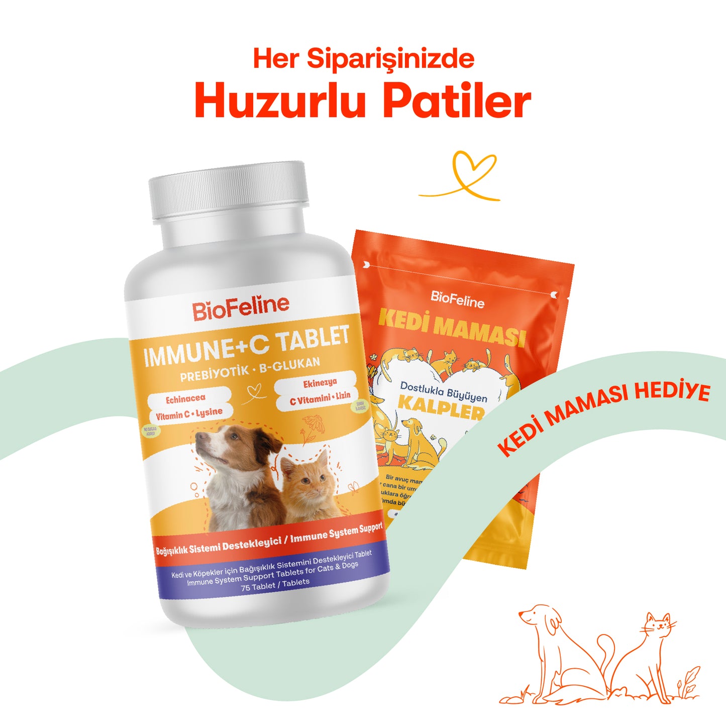 Kedi & Köpekler İçin Bağışıklık Güçlendirici Tablet | Beta Glukan + C Vitamini + Propolis | 75 Tablet