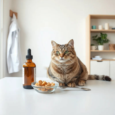Sağlıklı bir kedi, damlalıklı şişe ve takviye kasesi yanında sakin oturuyor.