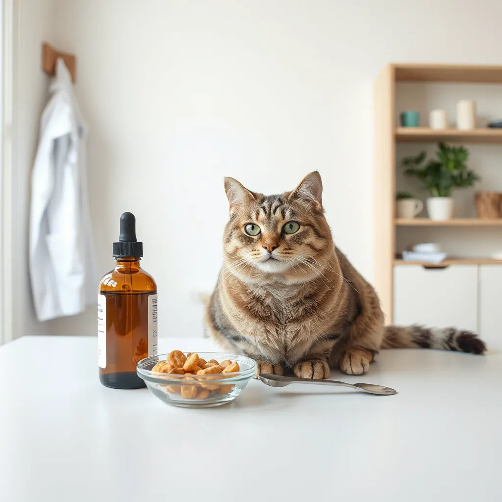 Sağlıklı bir kedi, damlalıklı şişe ve takviye kasesi yanında sakin oturuyor.