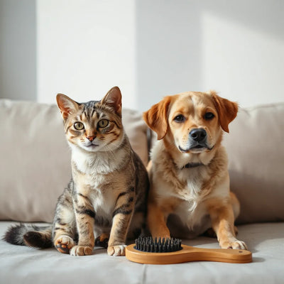 Yan yana oturan kedi ve köpek; sağlıklı, parlak tüy dokusu ve doğal tüy bakımı sahnesi