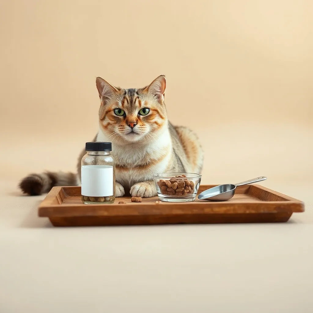 Doğal içerikli kedi beslenme destekleri ve sakin bir kedinin bulunduğu sade bir masa sahnesi