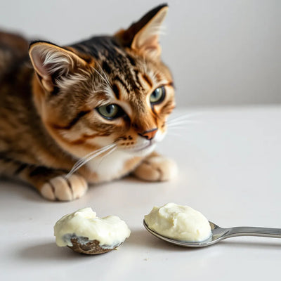 Küçük bir kedi, doğal sakinleştirici macundan bir kaşık porsiyon yanında huzurlu şekilde oturuyor