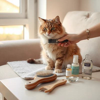Kedi tüy bakımı sırasında fırça ve tüy tarağı ile düzenli şekilde taranırken doğal ışıkta görülür