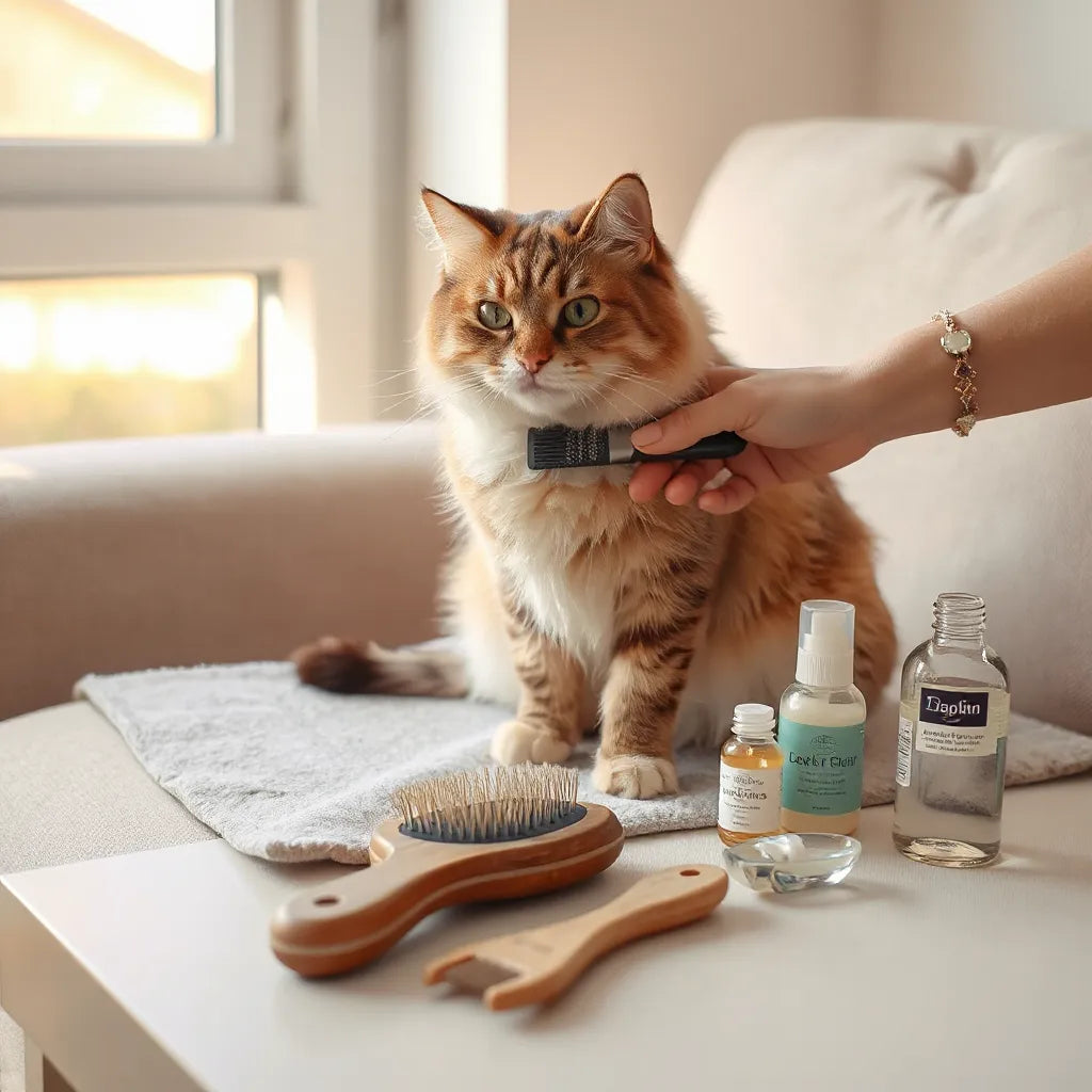 Kedi tüy bakımı sırasında fırça ve tüy tarağı ile düzenli şekilde taranırken doğal ışıkta görülür