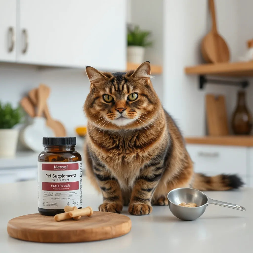 Sağlıklı bir kedi ve yanında multivitamin takviyesi kabı ile ölçü kaşığı