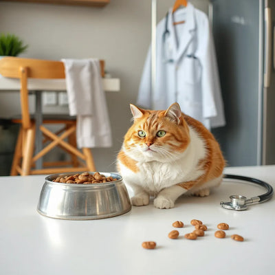 Sağlıklı bir kedi, dolu mama kabı yanında beyaz önlük ve stetoskopla güvenli beslenmeyi anlatır