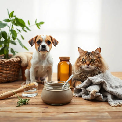 Kedi ve köpeğin yanında doğal bakım ürünleri, fırça ve kavanoz gibi pet aksesuarları