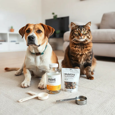 Dog and cat near neatly arranged joint support supplement items in a bright living room setting