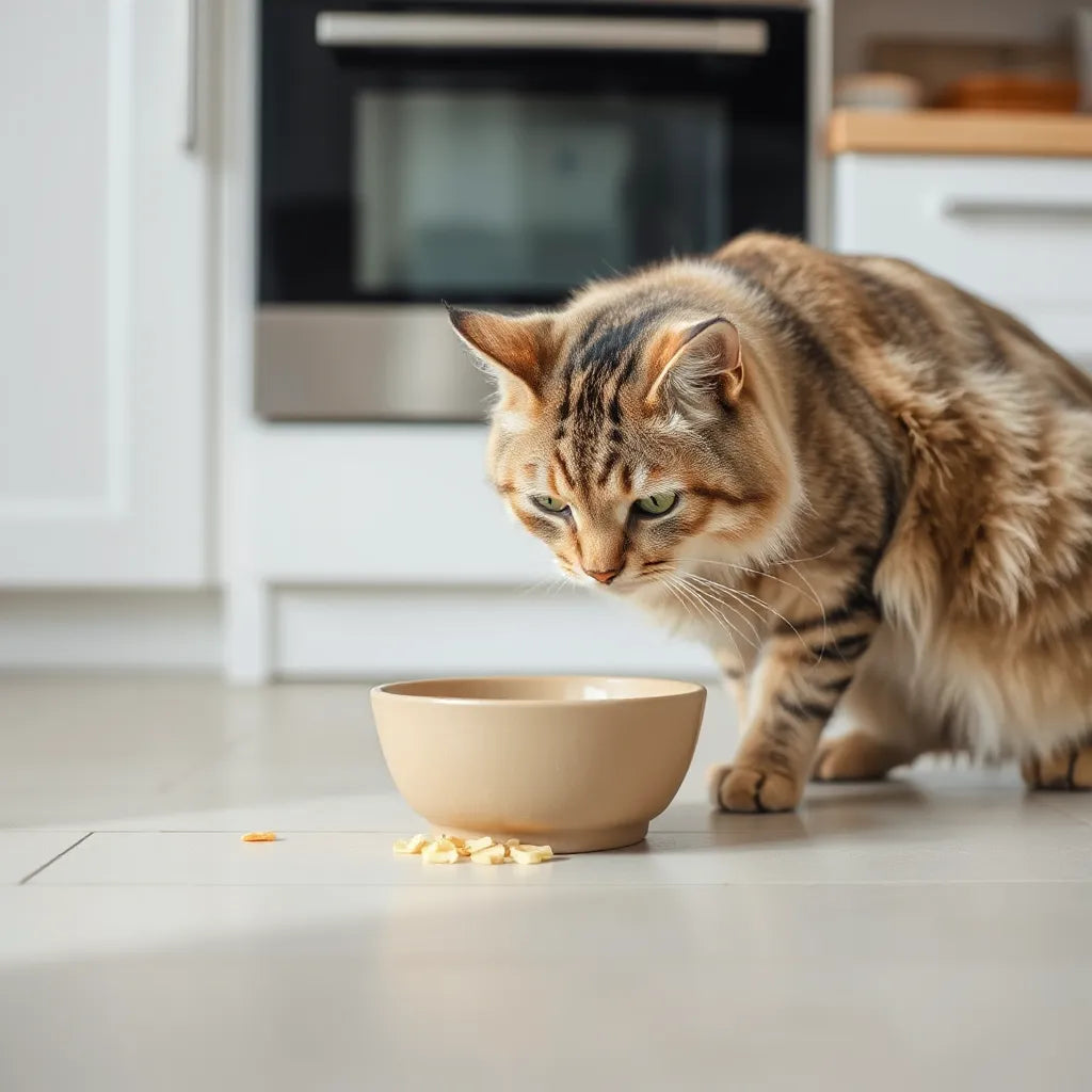 Sağlıklı bir kedi doğal besinlerle dolu küçük bir kaseyi kokluyor.