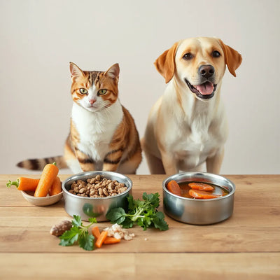 Kedi ve köpeğin yanında mama kaseleri ve doğal içerikler bulunan düzenli bir beslenme sahnesi