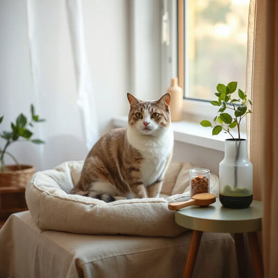Sakin bir kedi pencere yanında, yanında stres azaltıcı evcil ürünler ile huzurlu bir ev sahnesi.