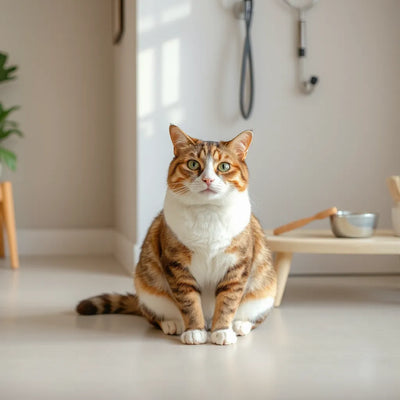 Sağlıklı, sakin bir kedi; tıbbi muayene ortamına benzer minimal bir düzen içinde.