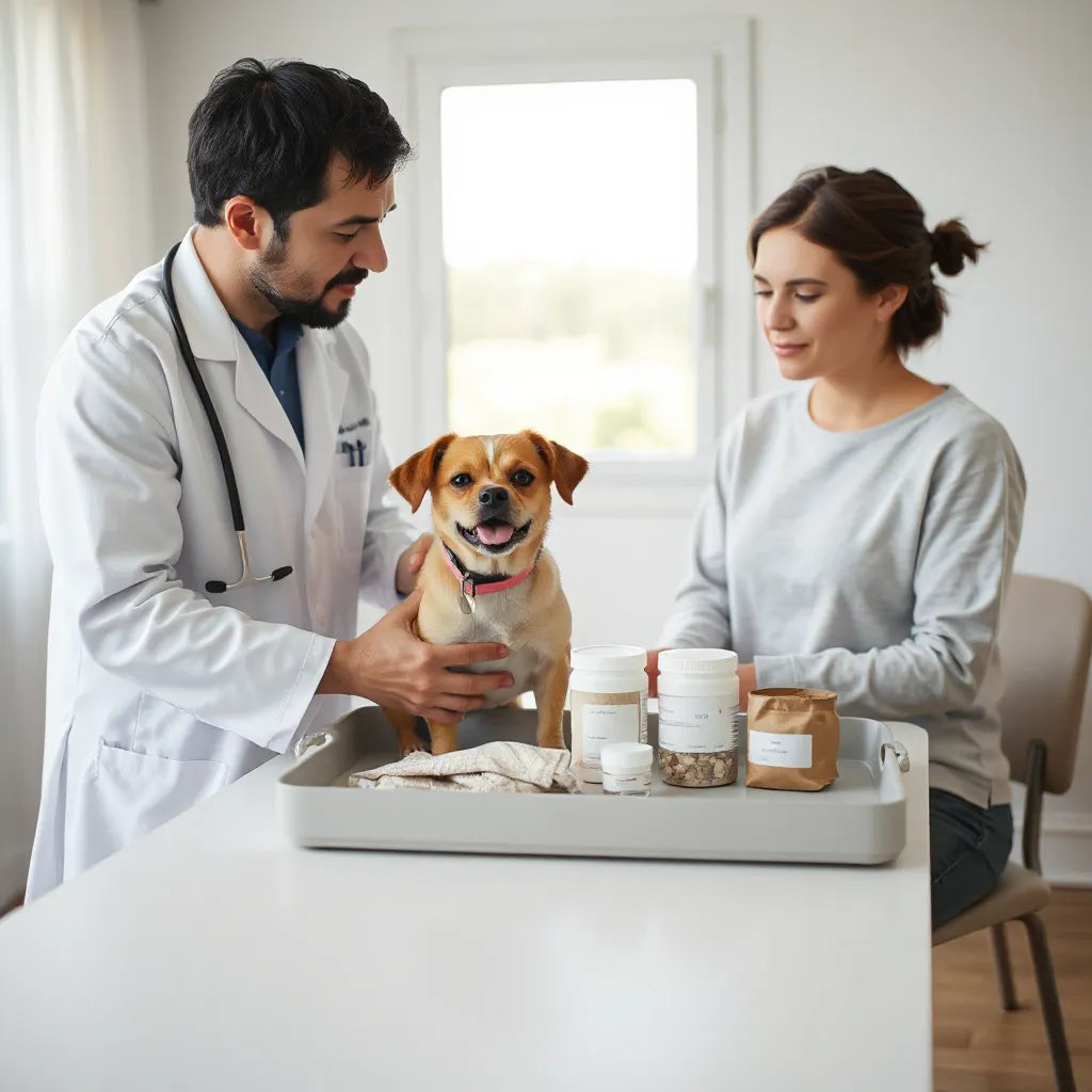Veterinerin muayene ettiği köpek ve evcil bakım ürünlerinin temiz bir tepside düzenli görünümü