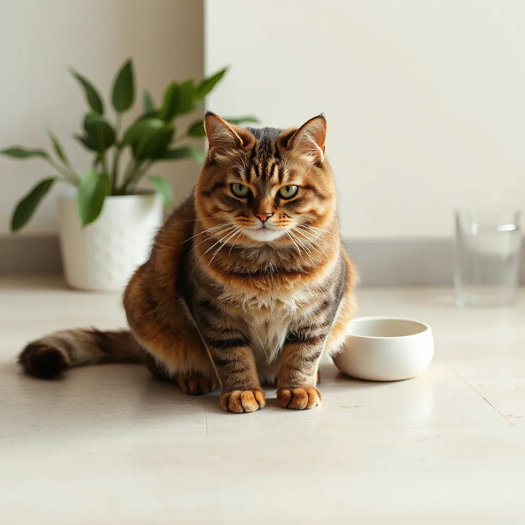 Sakin bir kedi, mama kabı ve temiz su yakınında; sindirim desteği temalı sade yaşam sahnesi