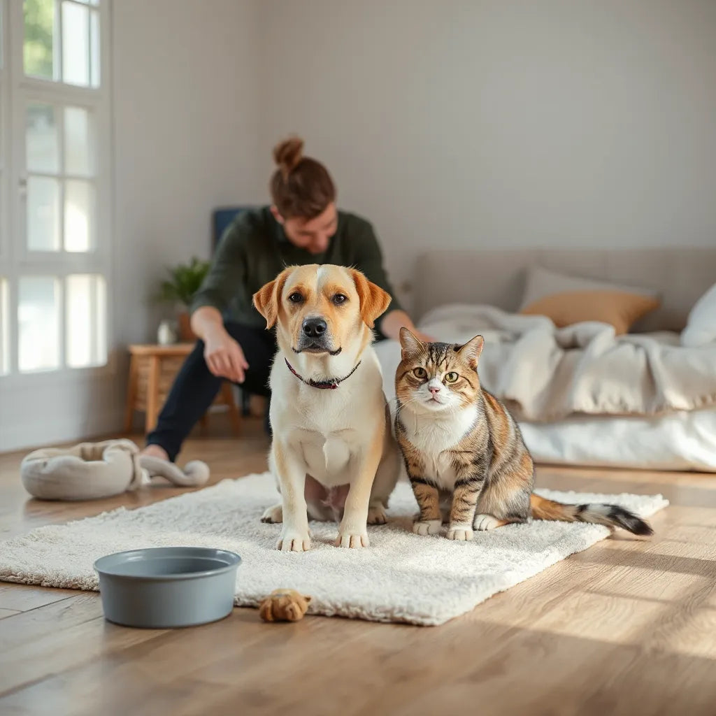 Sakin bir ev ortamında köpek ve kedi rahatça dinlenirken sahibi yakınında duruyor