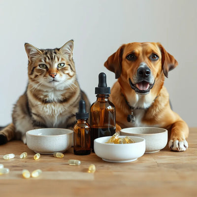 Kedi ve köpeğin yanında omega yağ damlalığı ve kapsüller bulunan sade masa düzeni