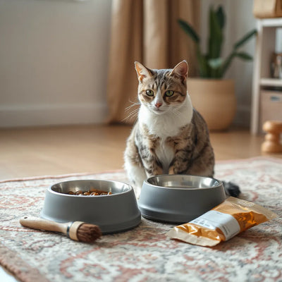 Kısır bir kedi, mama kabı yanında otururken bakım ürünleri ve su kabı düzenli biçimde sergileniyor.