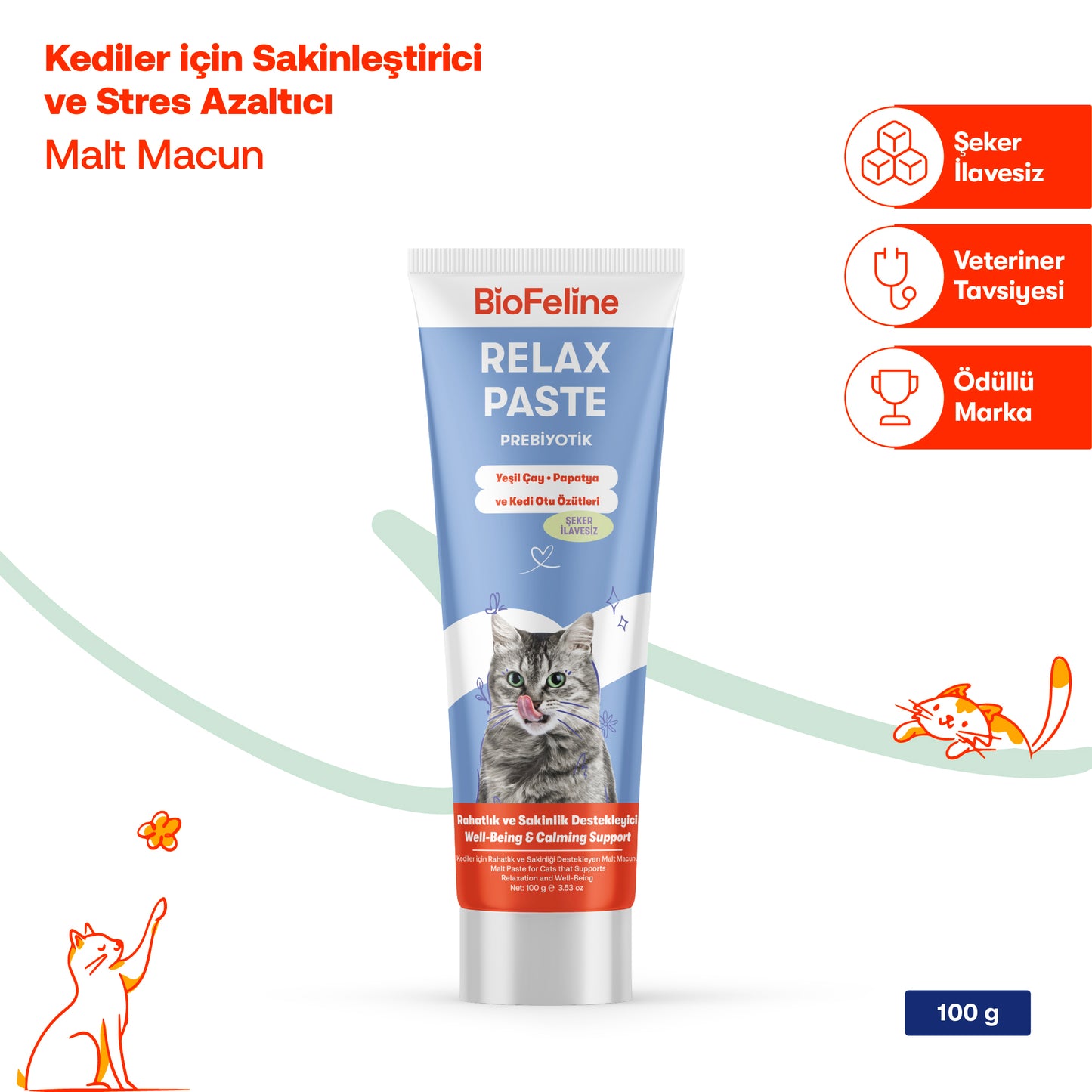 Kediler İçin Sakinleştirici Macun | Doğal İçerikli Relax Paste ile Stres ve Kaygı Azaltıcı Destek | 100g