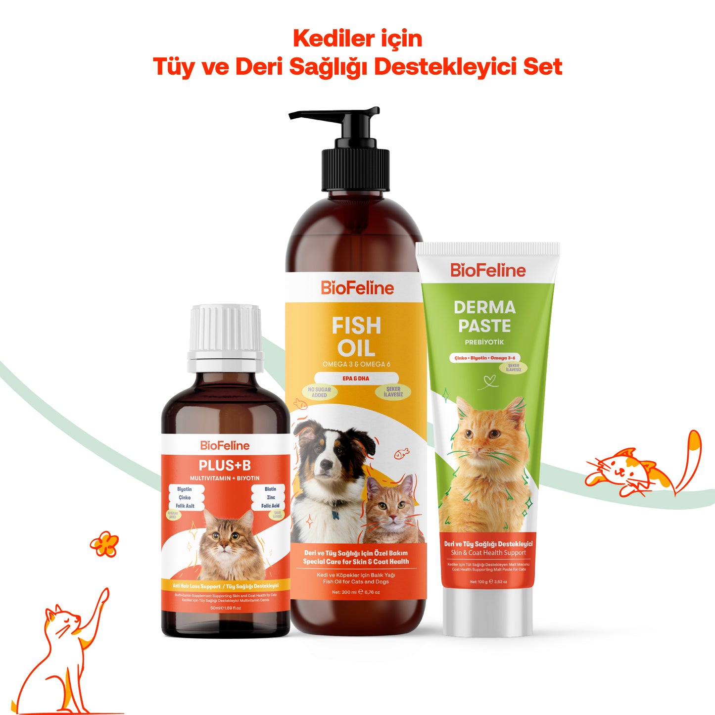 Yoğun Tüy Dökülmesi Azaltıcı Kediler İçin Parlaklık Destek Seti, Balık Yağı + Derma
