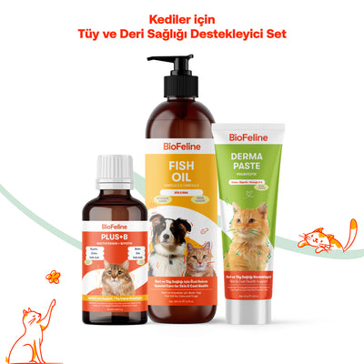 Yoğun Tüy Dökülmesi Azaltıcı Kediler İçin Parlaklık Destek Seti, Balık Yağı + Derma