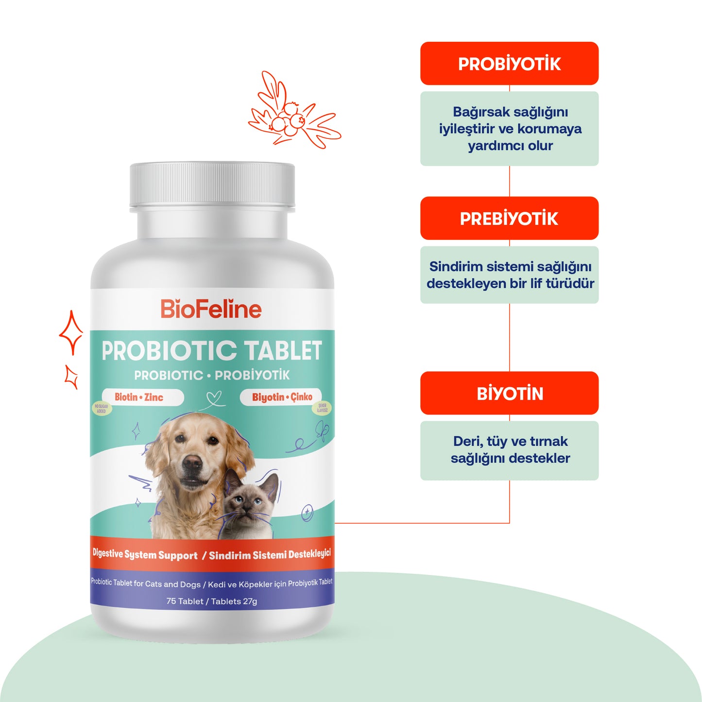 Kedi & Köpekler İçin Probiyotik Tablet | Bağışıklık ve Sindirim Takviyesi | 25 Tablet