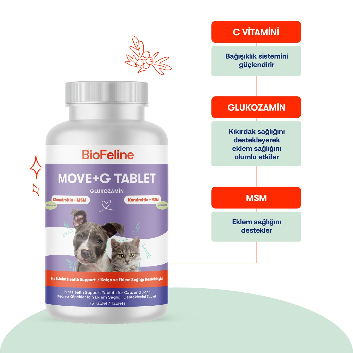 Eklem Sertliği ve Bağışıklık Düşüklüğü Azaltıcı Kedi ve Köpek Tablet Seti 75 Adet