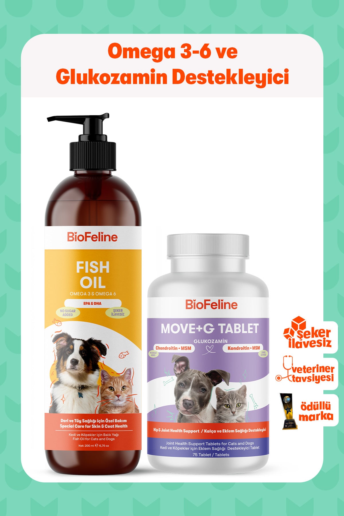 Kedi & Köpekler İçin Somon Yağı + Eklem Destek Tableti Seti | Omega 3-6 + Glukozamin | 200ml + 75 Tablet