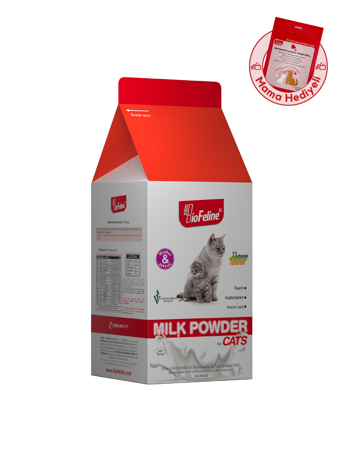 Cat Milk Powder 200g - Biberon Hediyeli (Yavru Ve Anne Kediler İçin Kas Ve Kemik Geliştirici Anne Sütü Destekli Süt Tozu)